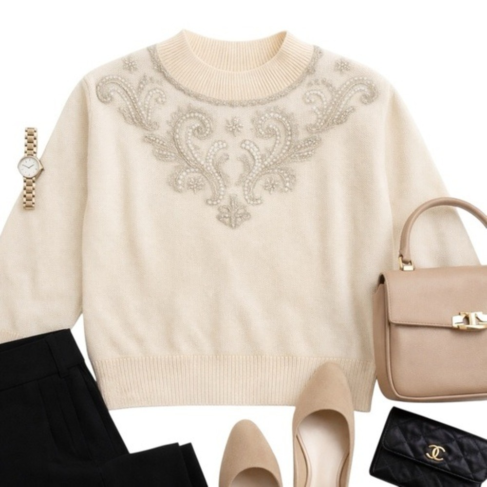 Alfred Dunner Petite PL Embellished Ivory Oatmeal Sweater Beaded Sequin Knit Top